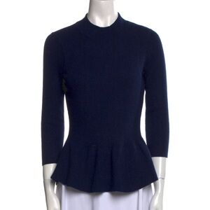 Tory BurchNavy Ribbed Sweater with Peplum Bottom. XS Long Sleeve Round Neck